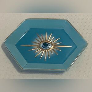 Ceramic Hexagonal Turquoise Trinket Dish with Gold Evil Eye Design